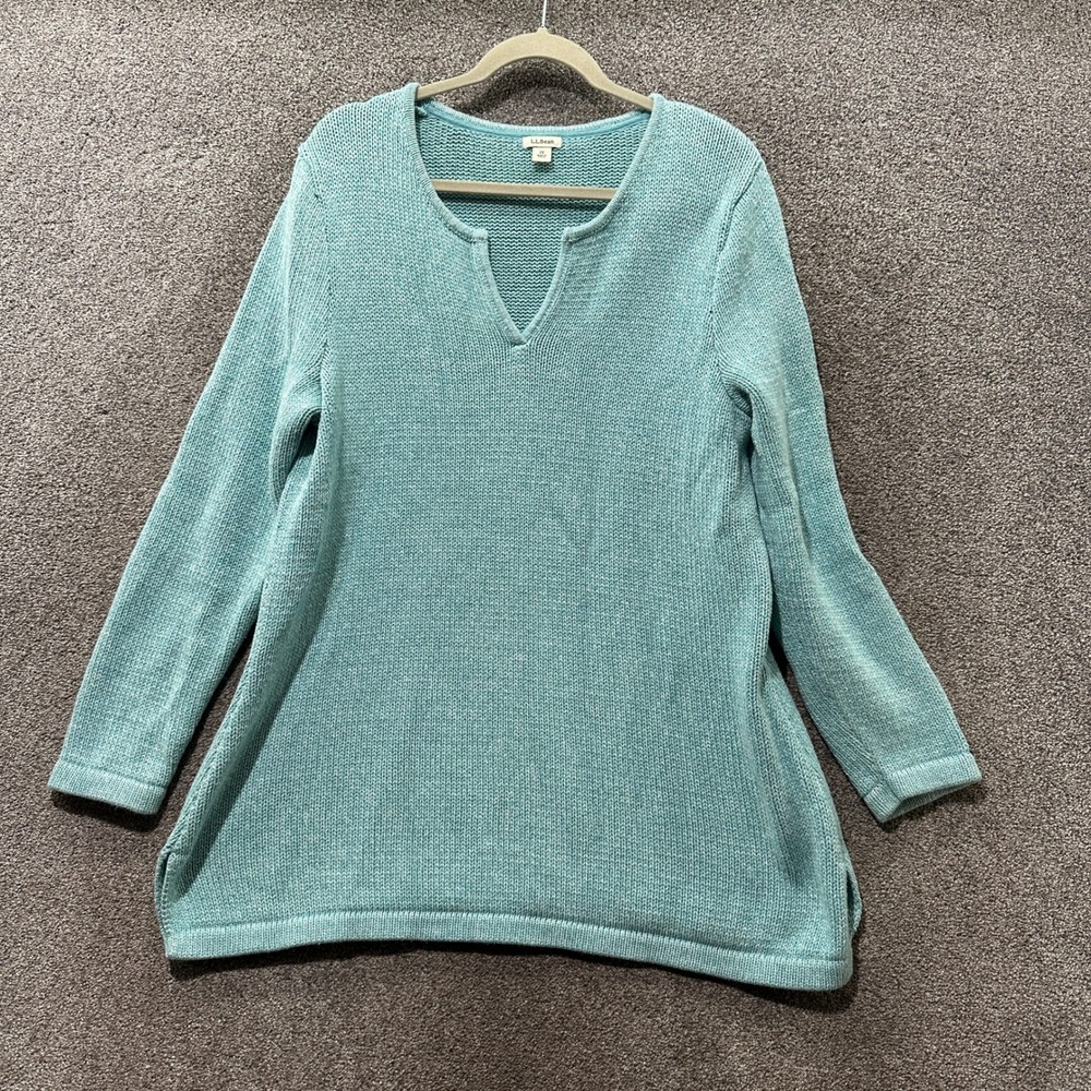 LL‎ Bean Shaker Knit Tunic Sweater Womens 1X Blue 100% Cotton Notch Neck Coastal